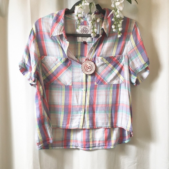 SO•Crop Button Down Flannel• Large - Picture 1 of 5